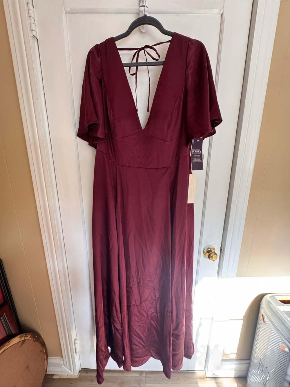 David’s Bridal Burgundy V-Neck Bridesmaids Dress with Tie Back